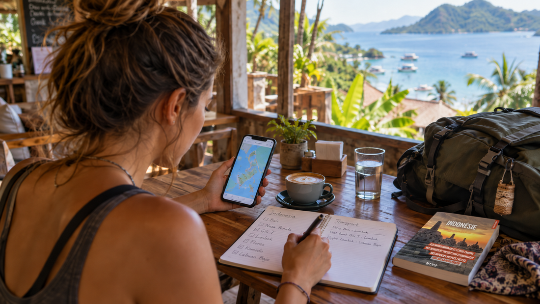 Voyageuse préparant un itinéraire en Indonésie avec carte, carnet et vue sur la mer