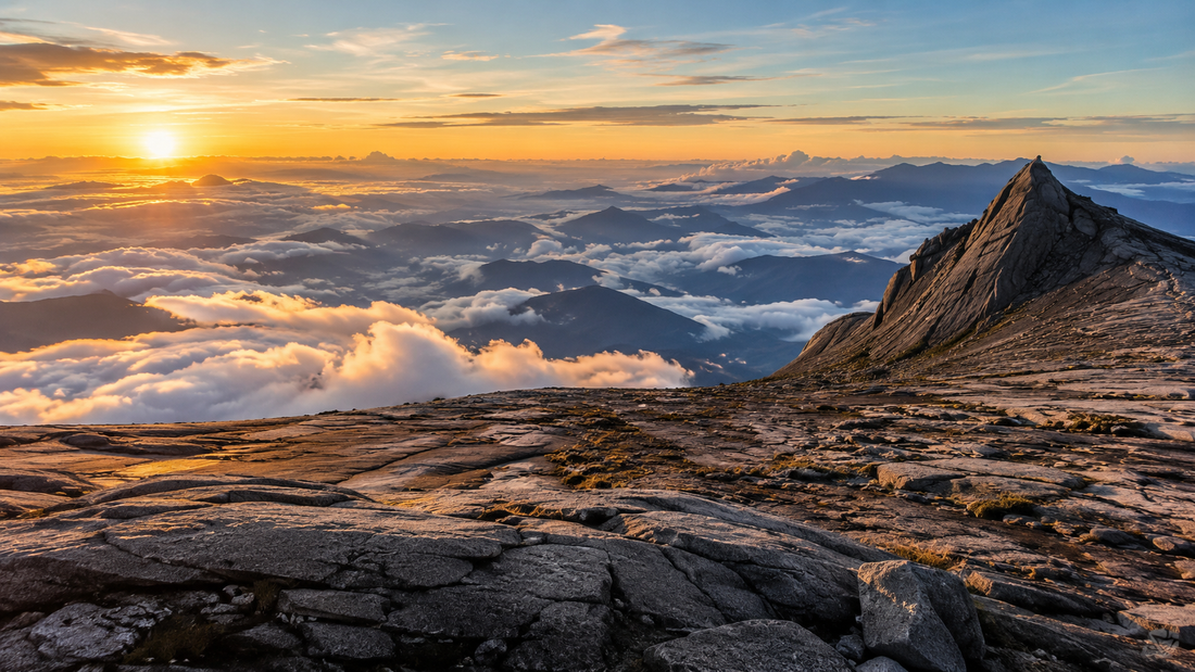 Lever du soleil depuis le sommet du Mont Kinabalu à Bornéo